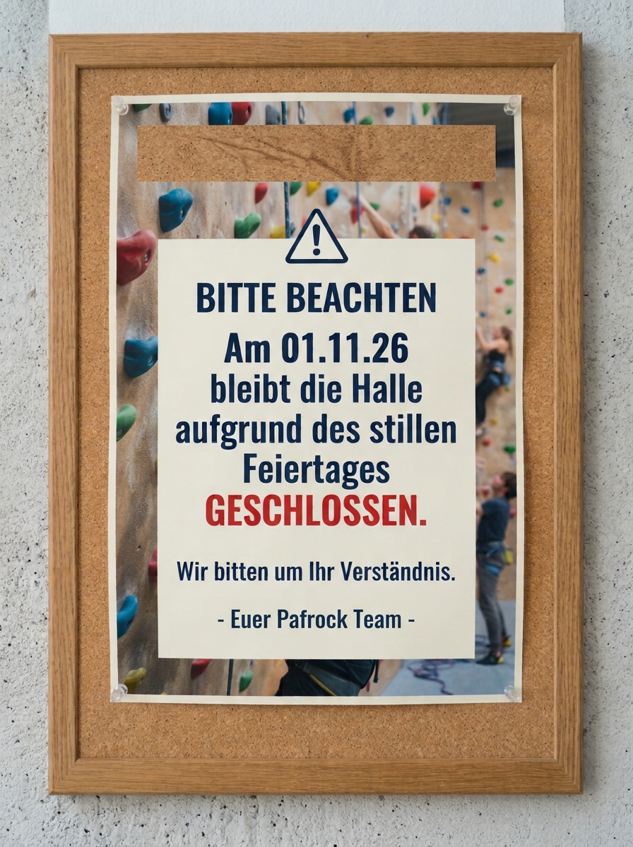 Am 01.11.26 bleib die Kletterhalle geschlossen.
